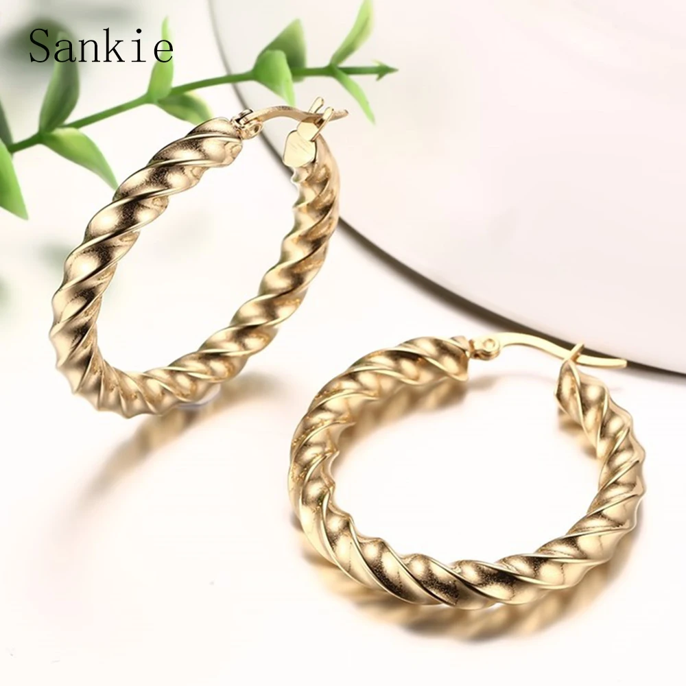 

Sankie Wavy Twist Hoop Earrings Gold Color Stainless Steel Hoop Earrings For Women Trendy Round Circle Big Earrings Wholesale