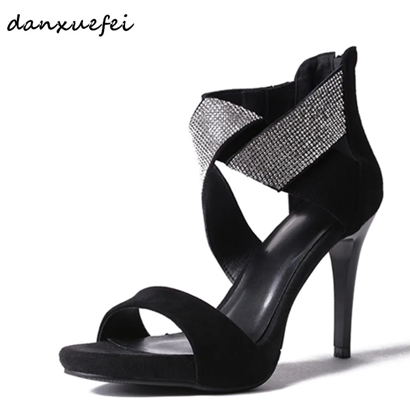 

3 Kinds of heel women's genuine suede leather high heel high top sandals brand designer Rhinestone elegant ladies summer shoes