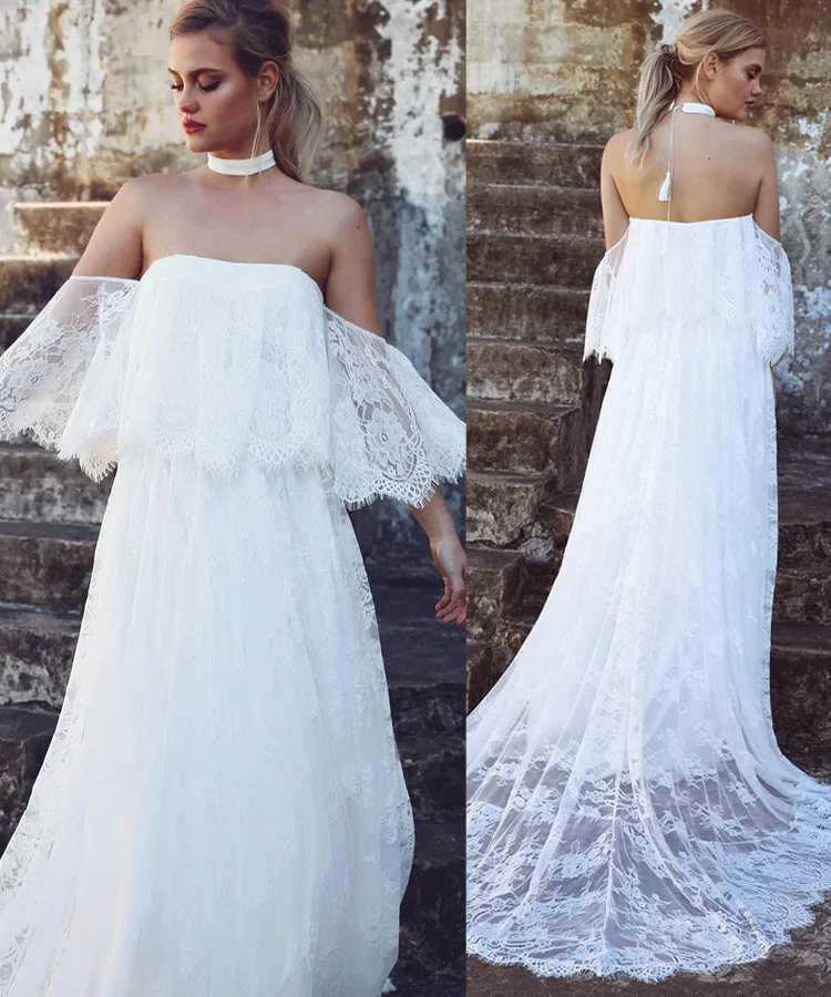 

Boat Neck A-Line Lace Wedding Dress Summer Sexy Backless Vestido De Noiva White Bride Gown