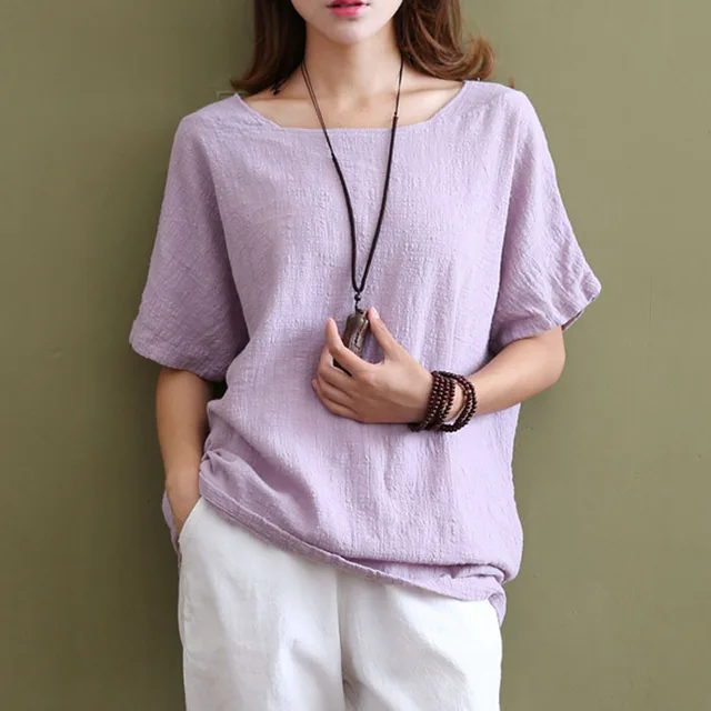 Linen Cotton Women Shirts Tops Vintage O Neck 2016 Summer New Linen