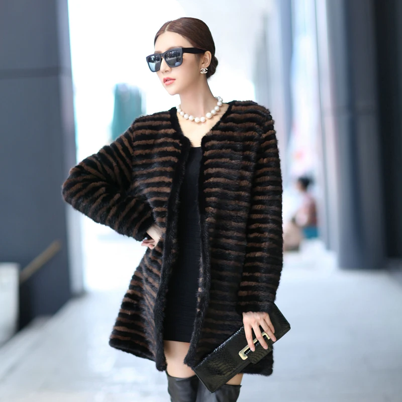 Winter Women s Genuine Real Knitted Mink Fur Coats Color Striped Lady Outerwear Garment VF0117