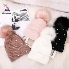 DOUDOULU,, унисекс, женские, женские, теплые, зимние, меховые шарики, жемчуг, вязанная шапочка, кружевная шапка, шапка, помпон, шапки, шерсть, Вязанная, толстая# WS