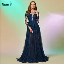 Dressv темно-синее длинное платье для выпускного вечера ТРАПЕЦИЕВИДНОЕ ПЛАТЬЕ с круглым вырезом и длинными рукавами с аппликацией на пуговицах вечернее платье платья для выпускного вечера по индивидуальному заказу