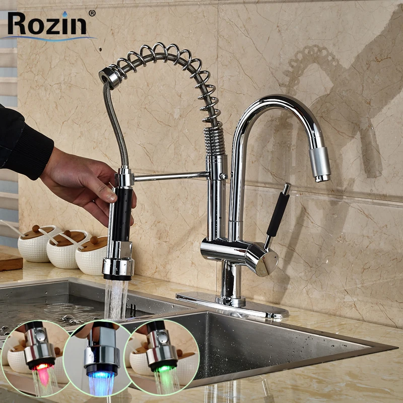 RGB LED Light Spring Pull Down Kitchen Faucet Single Handle Dual Spout Hands Free Sprayer Kitchen Mixer Taps in Chrome