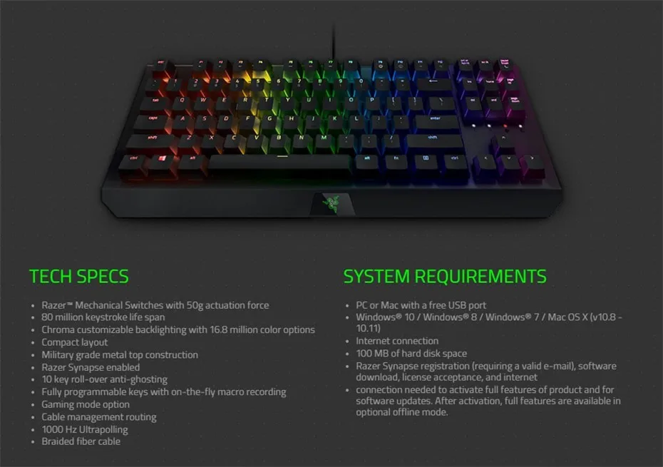 Проводная Механическая игровая клавиатура razer BlackWidow X Tournament Edition Chroma, 87 клавиш, зеленый переключатель, RGB подсветка клавиатуры