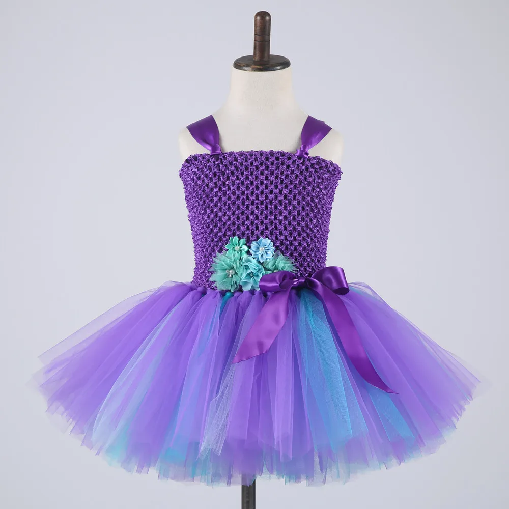 Casual Flower Knee length Princess Ariel Dress for Girls Peacock Solid O-neck Party Dress Kids Christmas New Year Bow Tutu Dress (4)