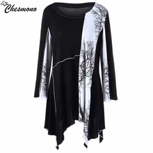 chesmono Patchwork Shirt Women tshirt Ink printing Graffiti Plus Size Women Clothing Irregular Hem loose tops Blusa Tunic Mujer