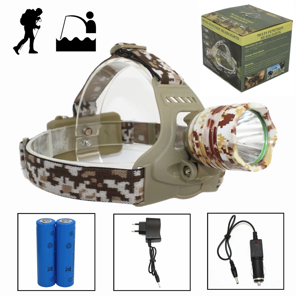 

3500 Lumen XM-L T6 LED Camouflage Headlamp Headlight Head Torch camping light +2x Battery+Car EU/US/AU/UK Plug Charger