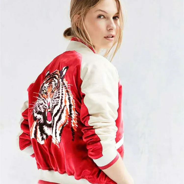 2016 Fashion tiger Embroidery poplin bomber Jacket New Women's satin