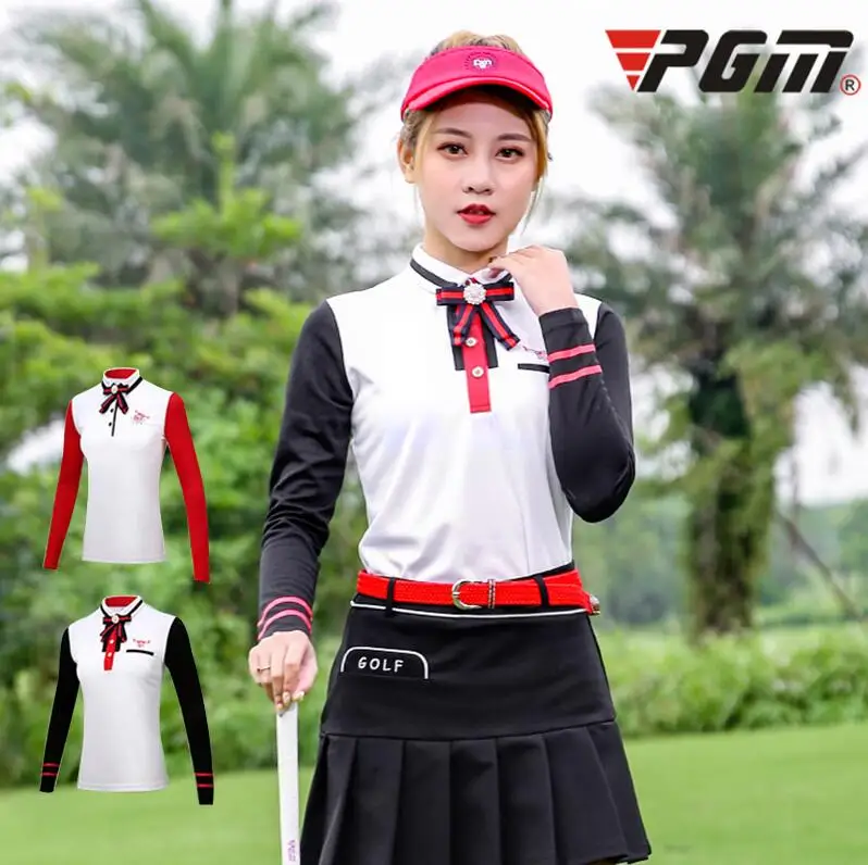 PGM college style sportswear autumn winter women long sleeved golf T-shirt Bow decoration slim breathable ladies Golf shirt tops