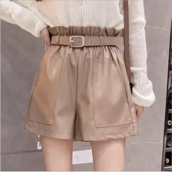 

Punk Autumn Women PU Shorts Sashes Wide leg Leather Shorts Casual Loose Elastic Waist Leather Shorts