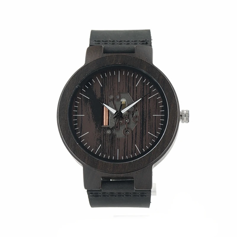 BOBO BIRD V-H30 Mens Wooden Watch Doodle Paint Dial Exposed Movement Quartz Wristwatch with Leather Strap reloj de los hombres