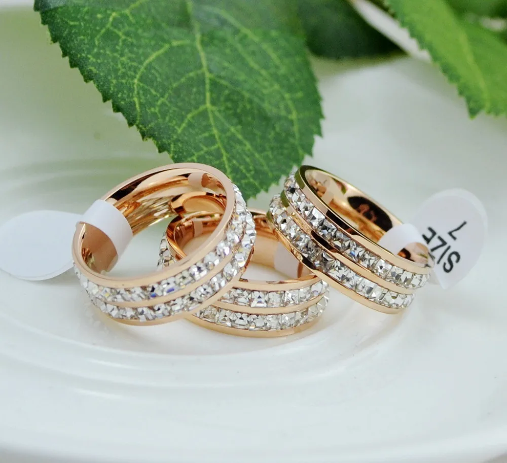 YUN RUO Shinning Crystal Couple Rings Not Fade Titanium Steel Rose Gold Silver Plated Wedding Design Woman Jewelry Free Shipping