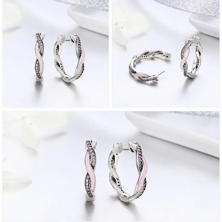 WOSTU подлинные 925 пробы серебряные розовые и прозрачные CZ Twist Of Fate серьги-кольца для женщин модные серьги ювелирные изделия BKE297