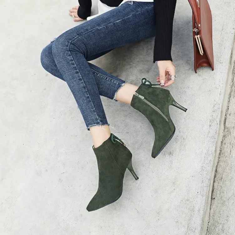 

Big Size 11 12 13 14 15 16 17 Suede pointed slim high heel side zipper bow metal decorative short-barrel fashion boots
