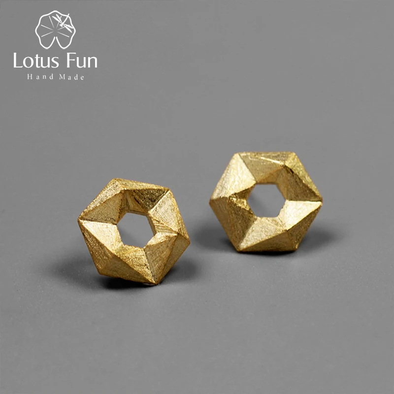 

Lotus Fun Real 925 Sterling Silver Handmade Fine Jewelry Minimalism Style Stereoscopic Hexagon Stud Earrings for Women Brincos