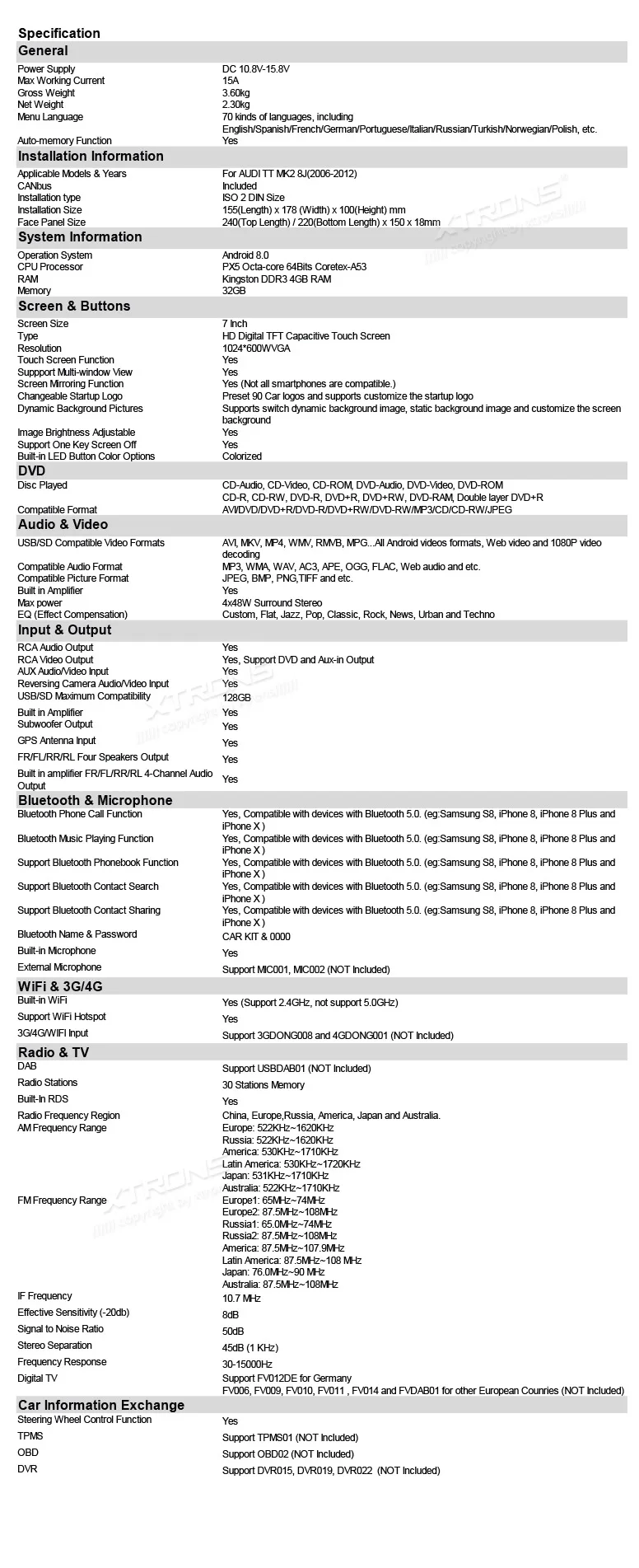 Sale XTRONS Octa Core 7"Android 8.0 Car DVD Player Radio Stereo for Audi TT MK2 8J 2006 2007 2008 2009 2010 2011 2012 GPS DAB+WIFI 4G 30