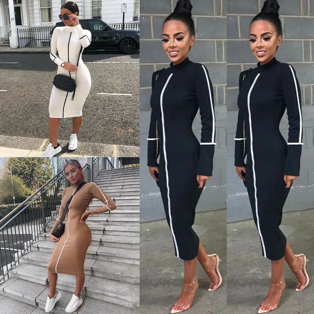 

New Style Women Dresses Temperament Women's Summer Long Sleeve Patchwork Fitness Pencil Long Turtleneck Dress Fashion Hot 2019