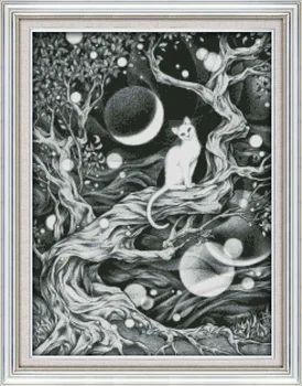 

Joy Sunday A white cat on the tree under the Moonlit cross stitch pattern kits handcraft make embroidery with chart