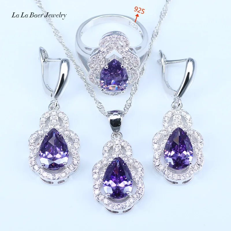 L & B 925 пробы серебряные Ювелирные наборы для женщин фиолетовый циркон белый CZ