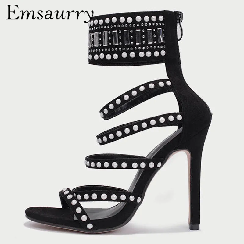 

New Chic Drill Rhinestone Summer Shoes Narrow Band Back Zip Pearl Thin Heels Open Toe Stage Gladiator Sandals Women