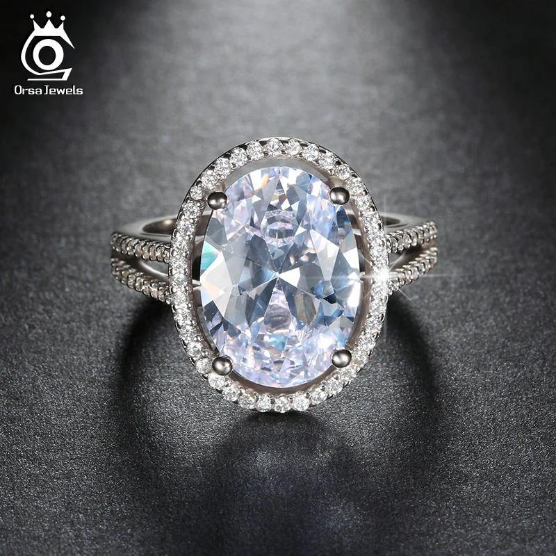 ORSA JEWELS Luxury 6 ct Big Oval Cut Simulated Diamond Zircon Ring with Micro Paved CZ