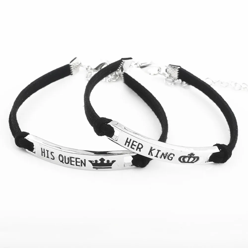 King queen пара браслет черный Веревка Регулируемая Серебряный надписи Шарм Браслеты