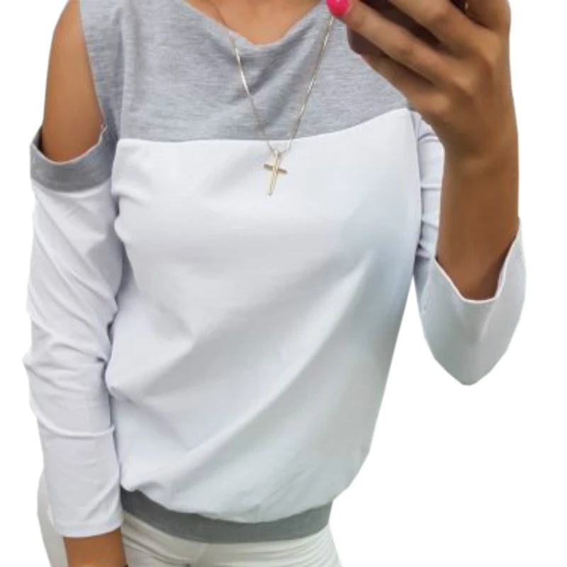 

2019 Spring New Sexy Cold Shoulder T Shirt Casual Patchwork Women's T-Shirts Long Sleeve Tee Tops Plus Size Female Blusas GV313