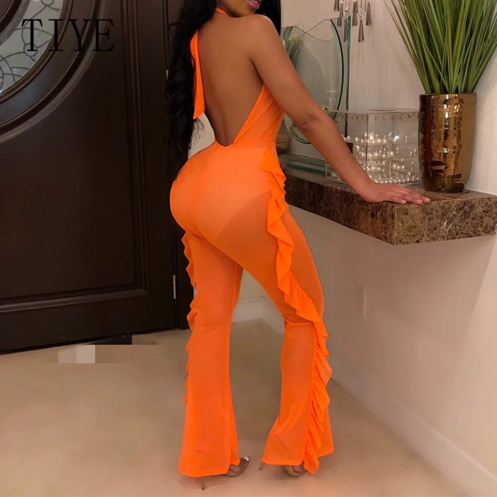 TIYE Sexy Open Back Hollow Out Halter Bodycon Jumpsuits Elegant See Through Ruffle Playsuits Summer Women Combinaison Femme TIYE Sexy Open Back Hollow Out Halter Bodycon Jumpsuits Elegant See Through Ruffle Playsuits Summer Women Combinaison Femme
