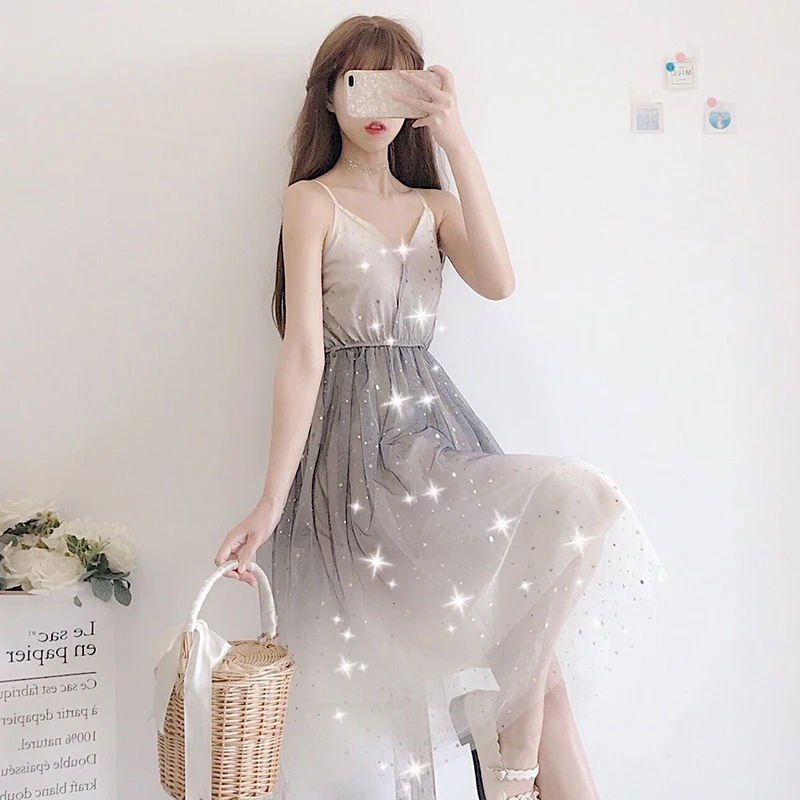Summer 2019 New Japanese Tens Girls Gradient Color Sling Mesh Dress + Lace Cardigan Top Fashion Temperament Two-piece Suit | Женская