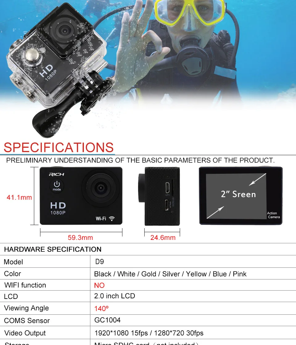 Wifi Action sport Camera HD 1080 p 2.0" underwater 30m Waterproof Sports Dving Mini photo Cam Helmet Camcorder