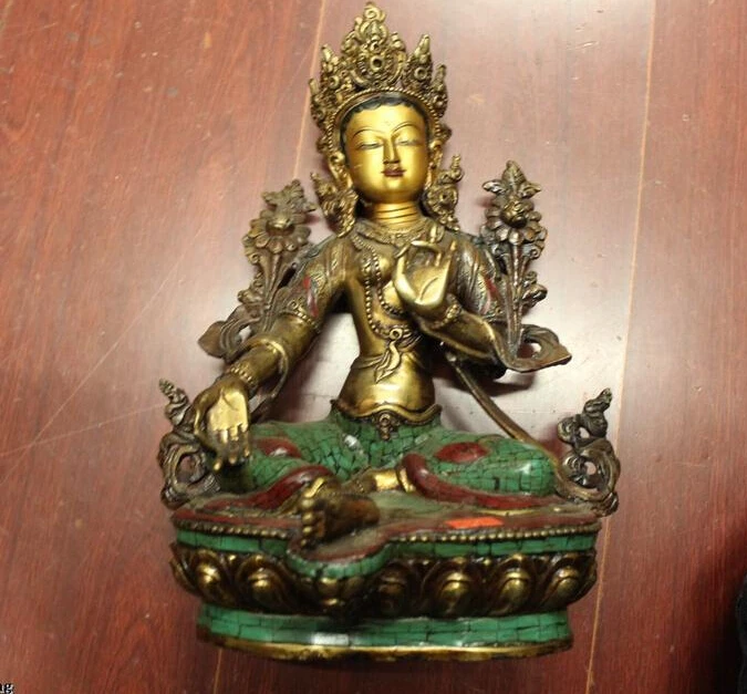 

R0722 Details about 12"Tibet Temple Purple Bronze 24K Gold turquoise Gem Green Tara Kwan-Yin Statue B0403