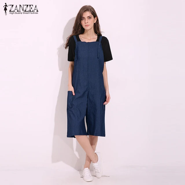 2018 ZANZEA Rompers Womens Jumpsuit Sexy Vintage Sleeveless Adjustable Strap Wide Leg Pants Denim Solid Overalls Plus Size 1