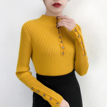 

Sweater Top For Women Pullovers Female Half Turtleneck Knit 2018 Winter Long-sleeved Buttons Sleeves Bodycon Lady Sweaters