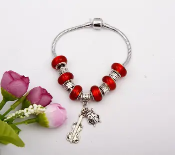 

Hot Retro Silver Violin And ladybug Charm Fashion Jewelry Pendants Crystal Bead Snake Chain Bracelets&Bangle Women&Men 5pcs K011