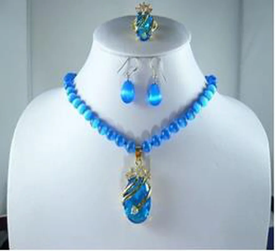 

New! Women's Charming Blue /Opal Necklace +Blue Zircon Pendant Earring Ring Set 5GY7