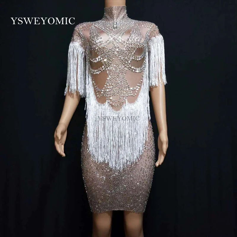

Sparkly Crystals Big Stretch Dress Women's Evening Party Wear Full Rhinestones Tassel Dress Prom Birthday Celebrate Outfit