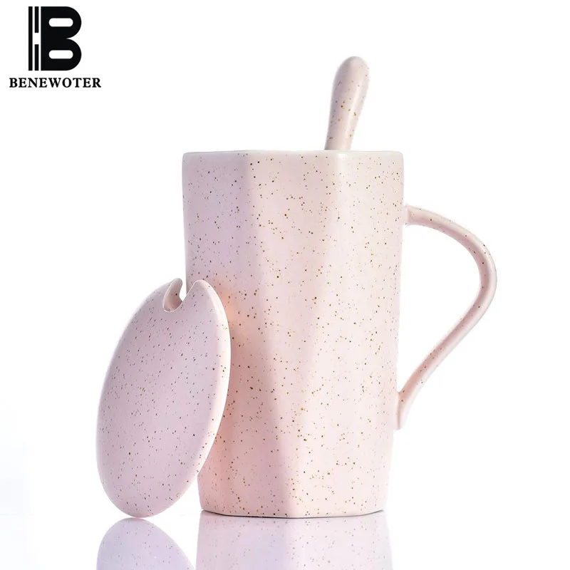 380ml Creative Pink White Blue Ceramics Geometric Mug Coffee Cup with Spoon Lid Water Breakfast Milk Drinkware Gift | Дом и сад