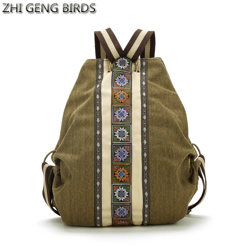 ZHI GENG BIRDS Women Backpack Vintage Canvas Bags For Ladies Travel Small Rucksack Folk Style School