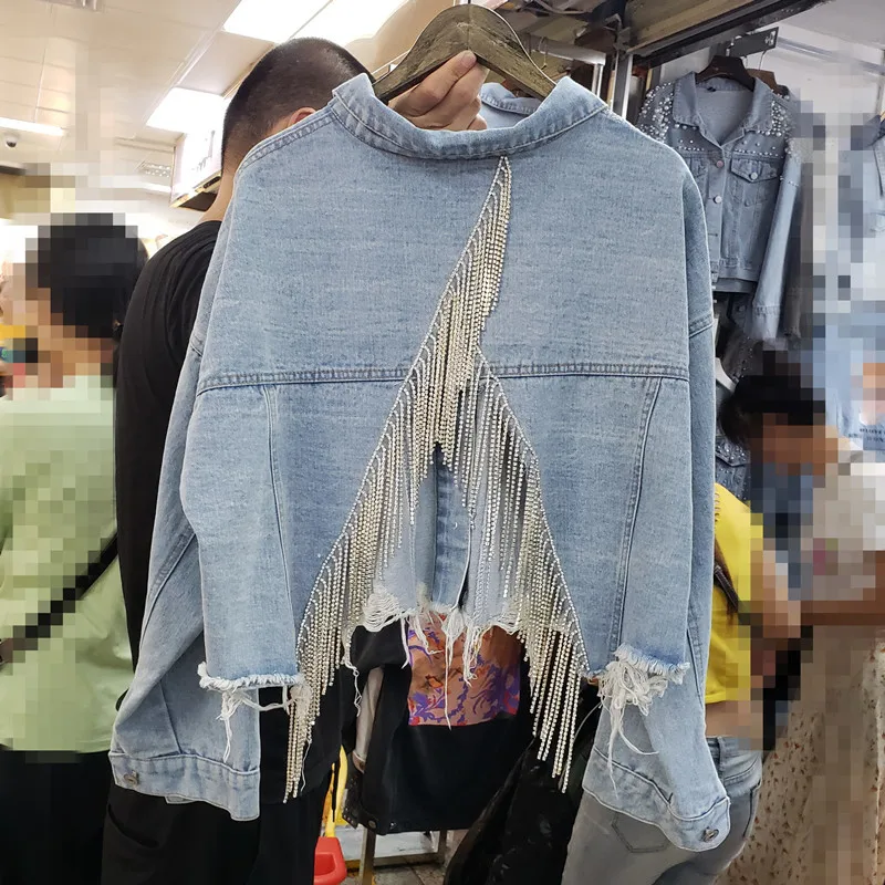 

DEAT 2019 Autumn Light Blue Denim Pockets Diamonds Tassel Short Cropped Jacket Women Free Size Loose Coat MG075