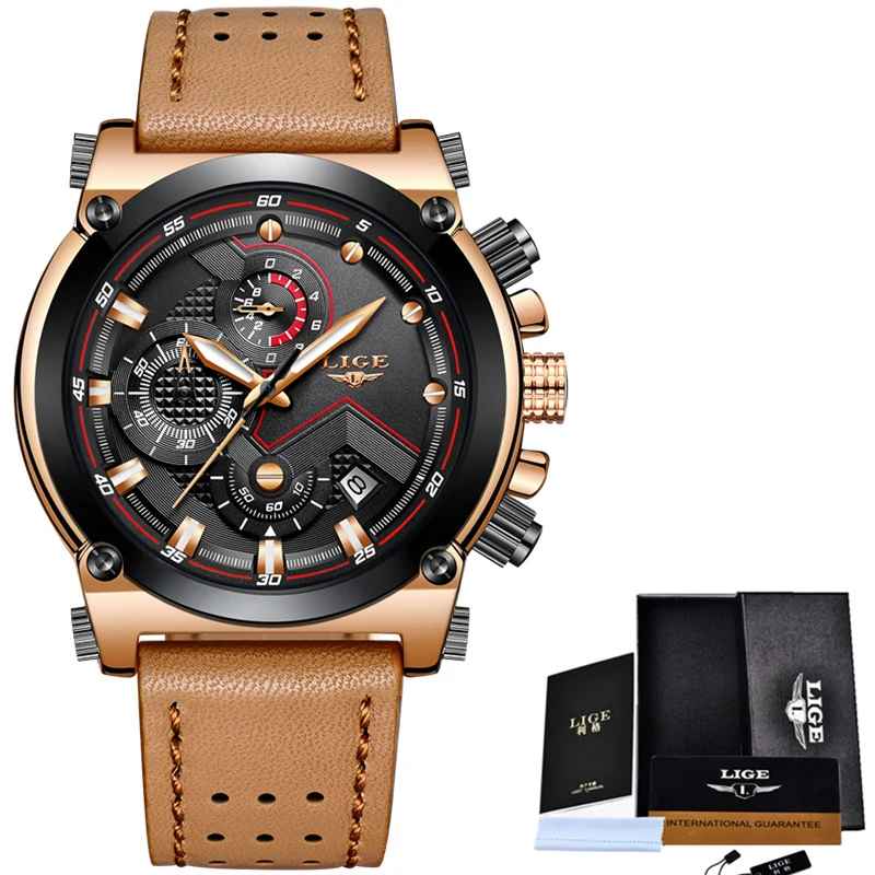 LIGE Fashion Mens Watches Top Brand Luxury Casual Sport Quartz Watch Men Leather Waterproof Militar