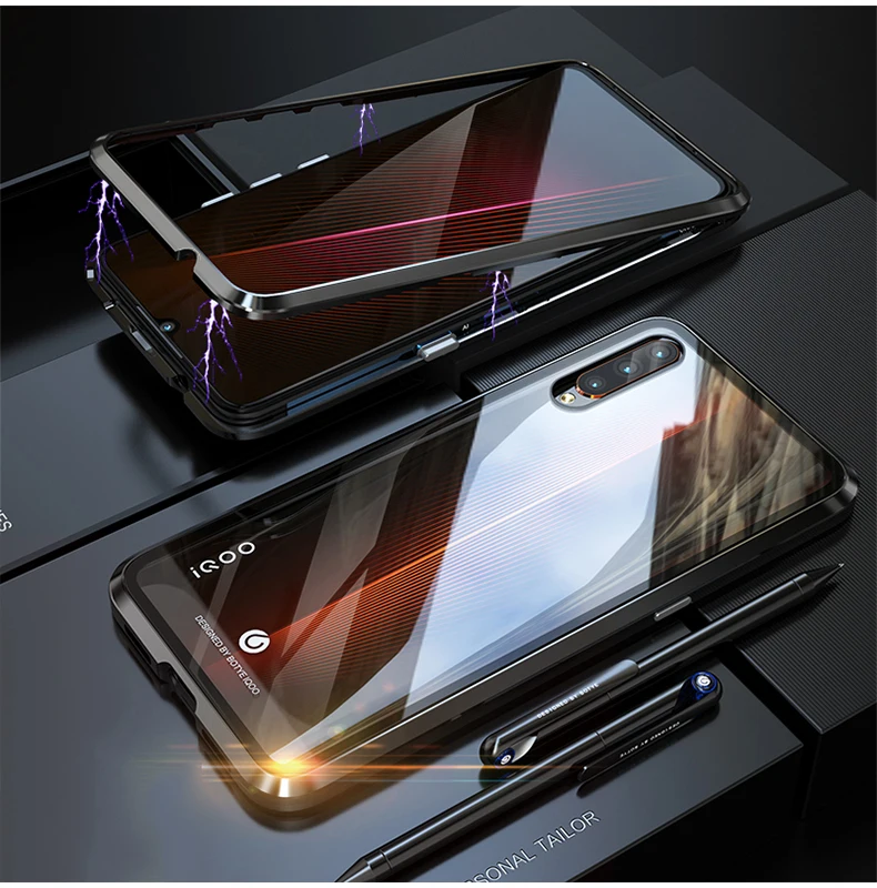 Оригинальная Роскошная металлическая Магнитная Крышка для Vivo IQOO чехлы откидная крышка Крышка для Vivo IQOO бампер из закаленного стекла металлическая рамка Coque