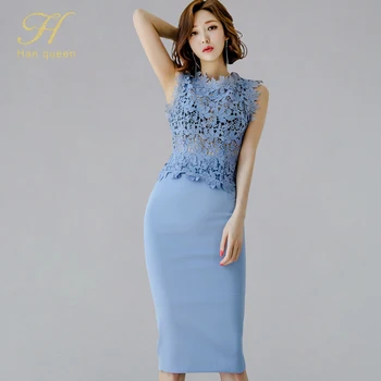 

H Han Queen New Two Pieces Suits Women Summer 2019 Korean Style Hollow Out Lace Crop Top And Sheath Bodycon Pencil Skirt OL Set