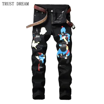 

2018 Europeans Designed Men Floral Black Slim Jeans Print letters Graffiti Personal Pant Man Casual Club Street Fashion Jean