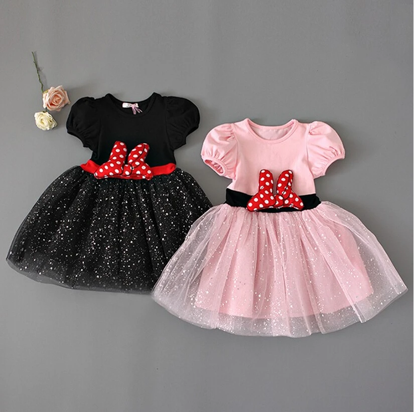 

2019 Cotton Lace Tutu Girls' Dress Casual Minnie Bow Summer Party Dress for Girls Sequins Ceremonies Dresses Children Clothes