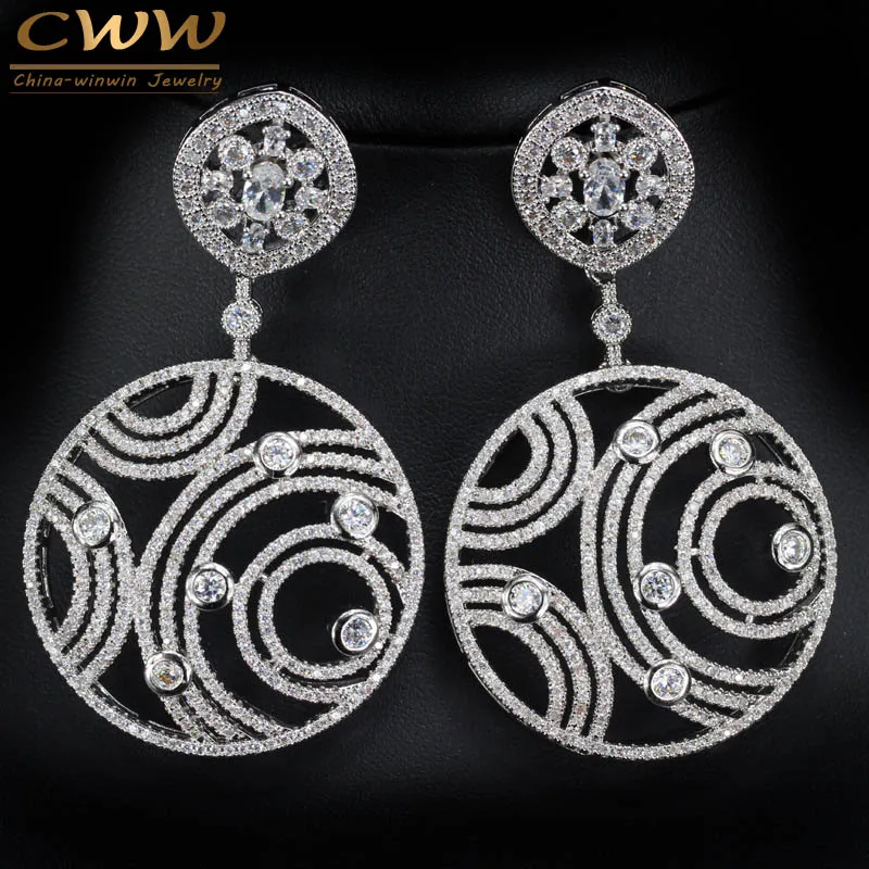 

CWWZircons 2017 New Cubic Zirconia Jewelry Large Round Shape White Gold Color Luxury Long Evening Earring For Women Party CZ346