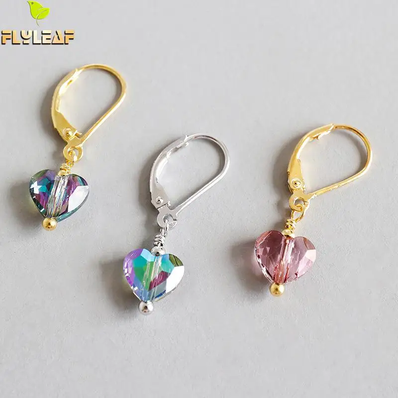 

Flyleaf 925 Sterling Silver Earrings For Women Gold Heart-shaped Colorful Crystal Simple Dangle Drop Earings Fashion Jewelry