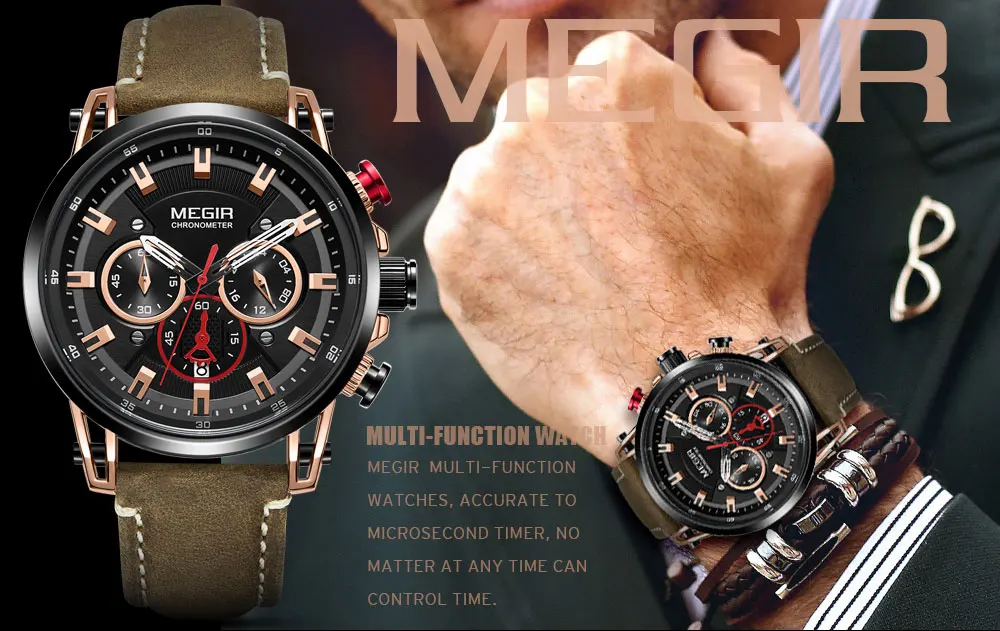 Megir кварцевые часы с кожаным ремешком для отдыха для мужчин, 24 часа, хронограф, 3 АТМ, водонепроницаемые армейские спортивные наручные часы, Relogios 2085Rose