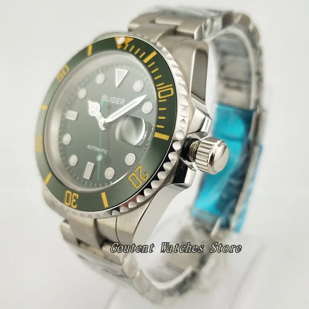  40mm Bliger SS. Case Green Dial Luminous Automatic Movement Bracelet Men's Watch