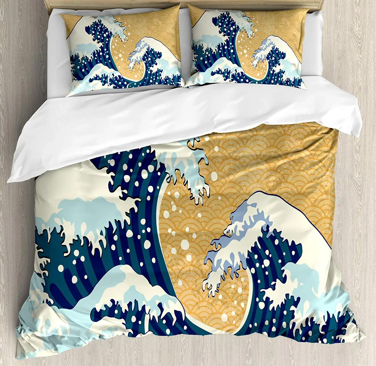 

Japanese Wave Duvet Cover Set Sea Storm in Japan Traditional Drawing Foamy Great Waves, Decorative 3 Piece Bedding Set